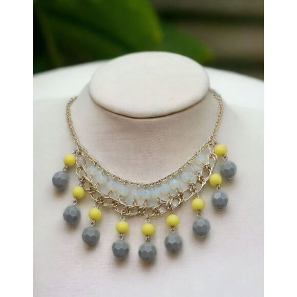 Y2K Statement Bib Layered Necklace Gray Yellow Opalescent Bead Maximalist Retro - Picture 8 of 8